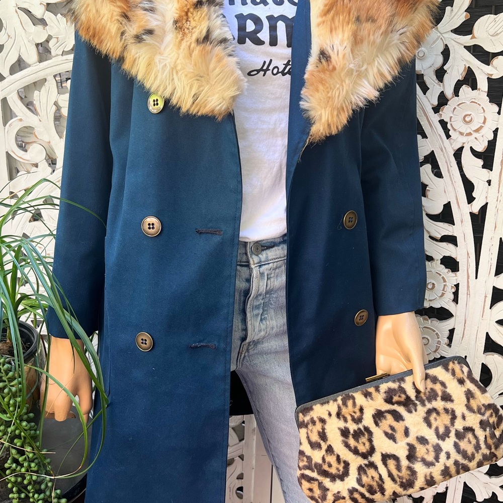 Vintage 60s/70s faux fur collar canvas Penny Lane style trench size S to M